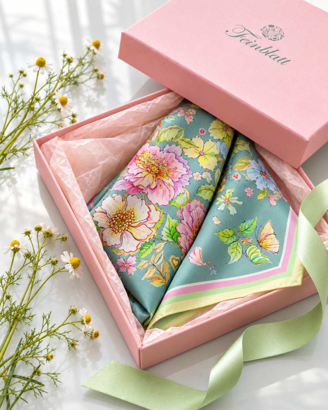 Gefaltetes Seidentuch mit rosa Blumen in einer rosafarbenen Feinblatt Geschenkbox