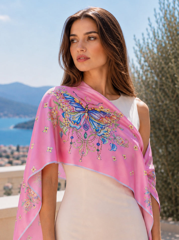 Rosa Seidentwill-Schal mit Schmetterlingsmotiv aus Twill-Seide, elegant auf einem weißen Kleid getragen, Design von Iryna Feinblatt