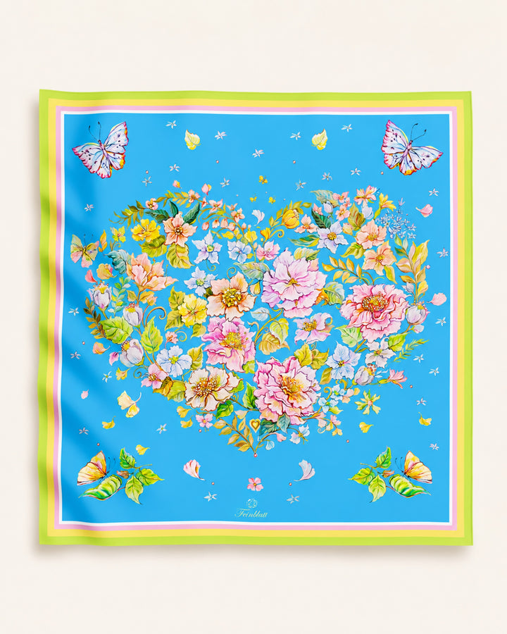 Silk Scarf Herz aus Blumen Blau 65x65 aus reiner Twill-Seide von Iryna Feinblatt