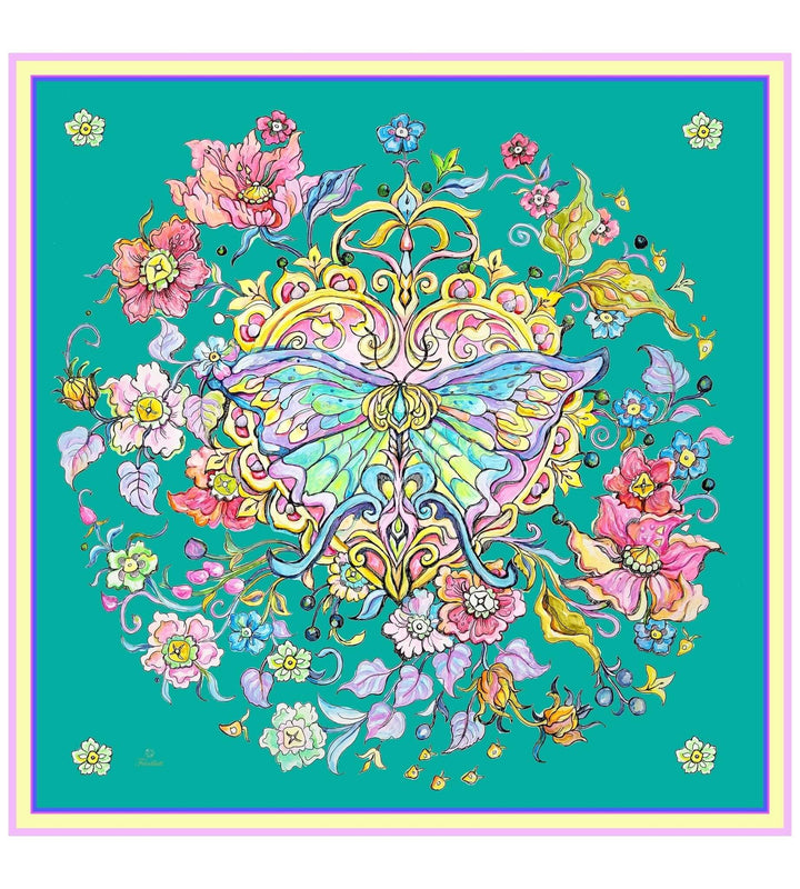 Silk Scarf Magic Butterfly, color emerald green - IrynaFeinblatt